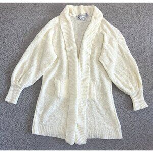 Vintage 70s Long Chunky Cardigan Puff Sleeve Cream Ivory Popcorn Open